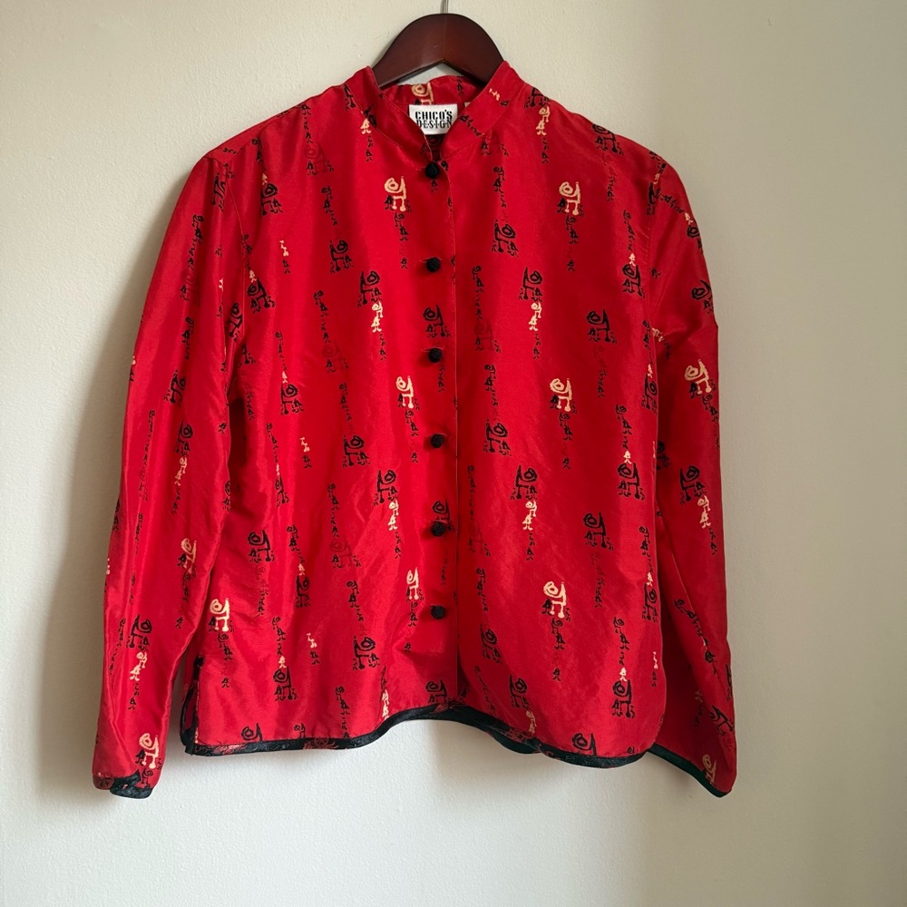 Chico’s Design 100% Silk Red Asian Print Jacket Blouse Size 1 (Small) Excellent